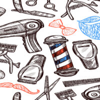 Barber shop tools accessories and symbols seamless pattern in red blue black doodle abstract vector illustration